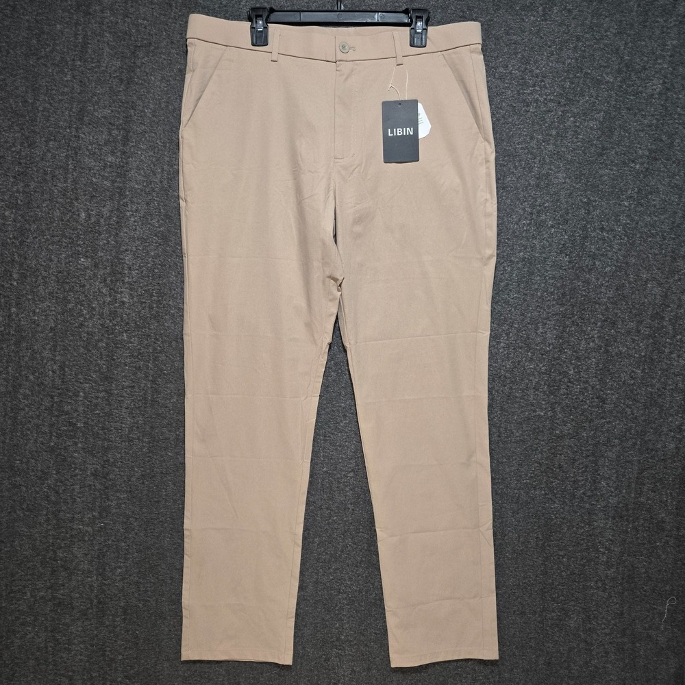 Libin Men's Khaki Golf Pants Classic Fit 36Wx32L Flat Front Dress‎ pants Stretch